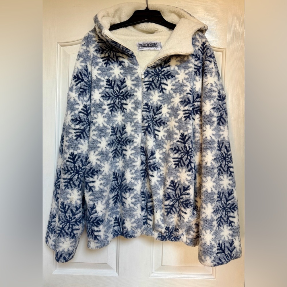 Vintage Teddy Sherpa Fleece Hooded Snowflake 90’s Blue Jacket Large